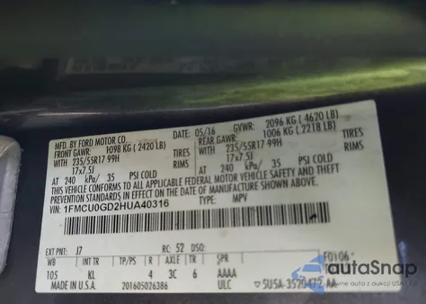 2017 Ford Escape Se из США, поврежденный, VIN 1FMCU0GD2HUA40316